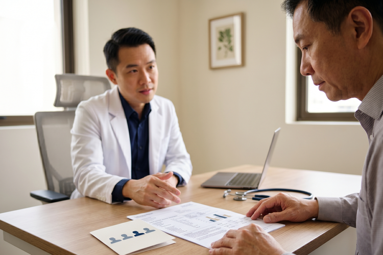 Doctor reviewing testosterone test results with a Singaporean Chinese male patient in his 50s during a clinic consultation