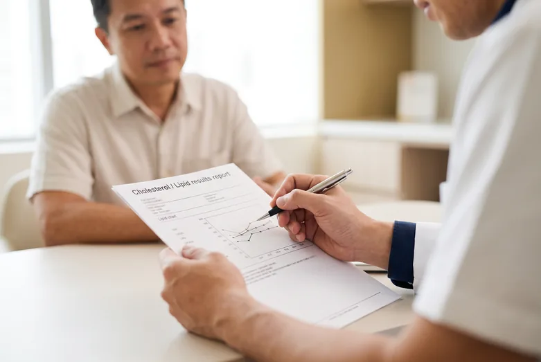 Doctor reviewing a cholesterol and lipid results report with a patient during an apolipoprotein B (ApoB) consultation in Singapore