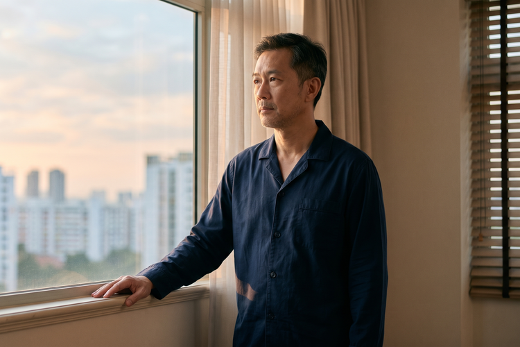 Singaporean Chinese man in his mid-50s standing reflectively at his apartment window in soft morning light