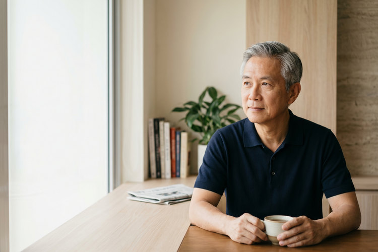 Singaporean man in his early 60s in a calm, considered moment by a window in soft morning light — illustrating the point at which men decide to discuss prostate cancer screening