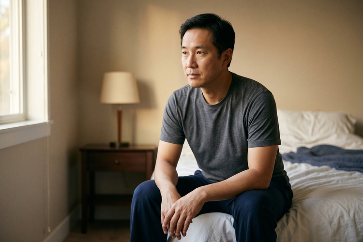 Middle-aged Asian man sitting thoughtfully on the edge of his bed in early morning, considering erectile dysfunction treatment in Singapore