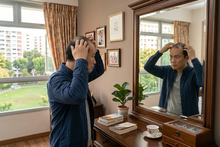 Middle-aged Asian man looking concerned in a mirror while checking his hair for early signs of hair loss.
