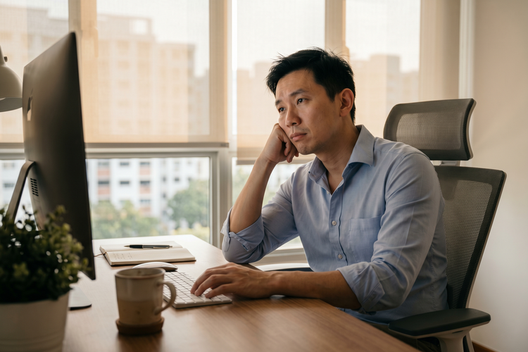 Asian man in his late 30s slumped at his office desk in late-afternoon light, looking tired and unfocused — illustrating the daily fatigue that often prompts men to consider a testosterone test