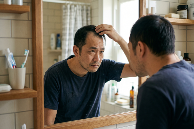 Middle-aged Asian man inspecting his receding hairline in a bathroom mirror, considering hair loss treatment with finasteride in Singapore