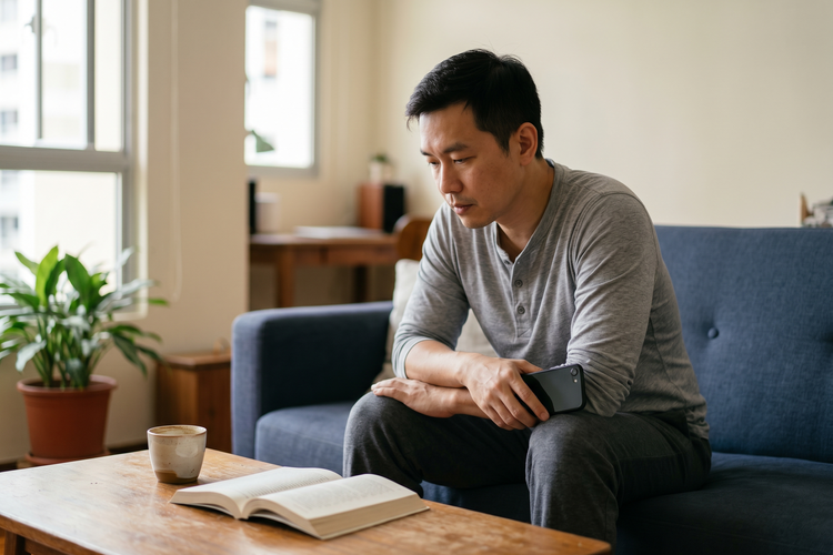 Asian man in his late 30s sitting at home in soft late-afternoon light, phone in hand, in quiet reflection — illustrating the moment men begin researching the causes of their erectile dysfunction