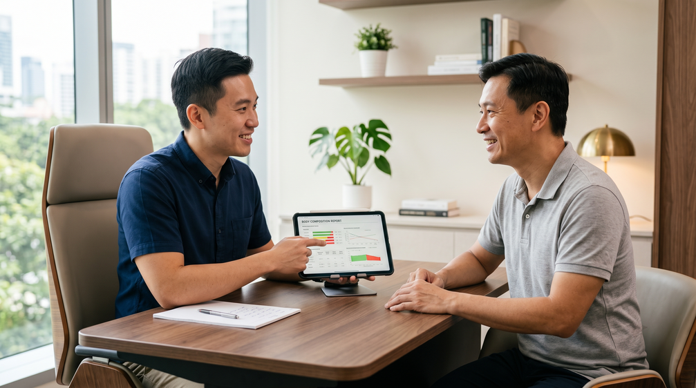 Singaporean Chinese man in his late 40s in a calm consulting moment with his doctor at a clinic, discussing a medical weight loss plan