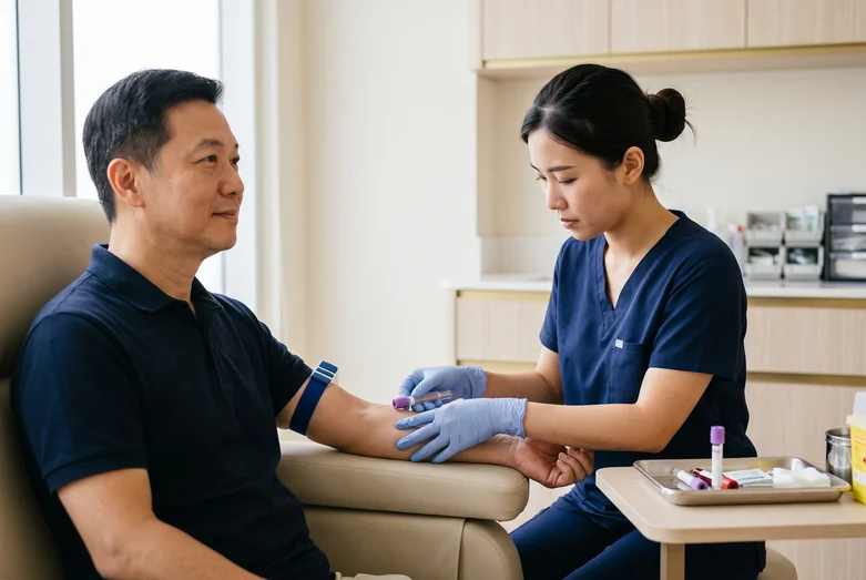 Nurse taking a blood sample from a seated male patient for an HbA1c test at a Singapore clinic