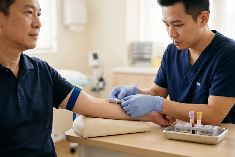 Nurse drawing a blood sample from a male patient's arm for a lipoprotein(a) test at a Singapore clinic