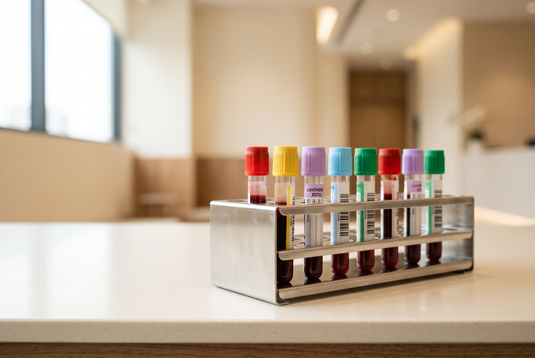 Colourful sealed blood sample tubes in a stainless steel rack at our Singapore clinic