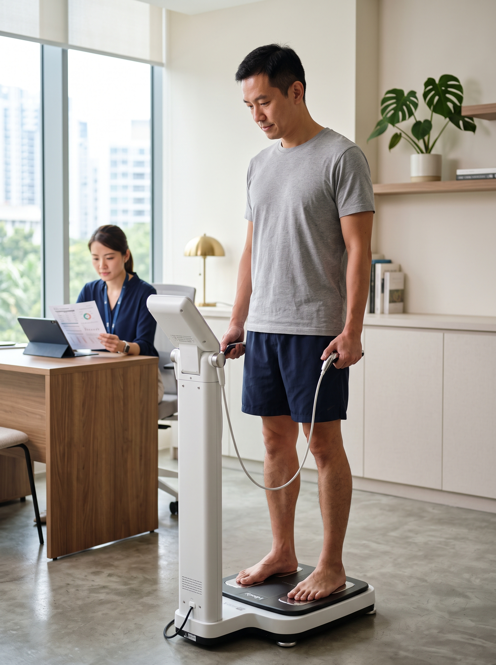 Body composition analysis with InBody machine at a Singapore clinic — measuring muscle mass, fat distribution and visceral fat as part of a medical weight loss assessment