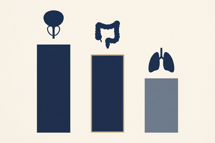 Chart showing the top three cancers in Singaporean men 2017–2021 — prostate (16.8%), colorectal (16.3%) and lung (13.5%) — Singapore Cancer Registry