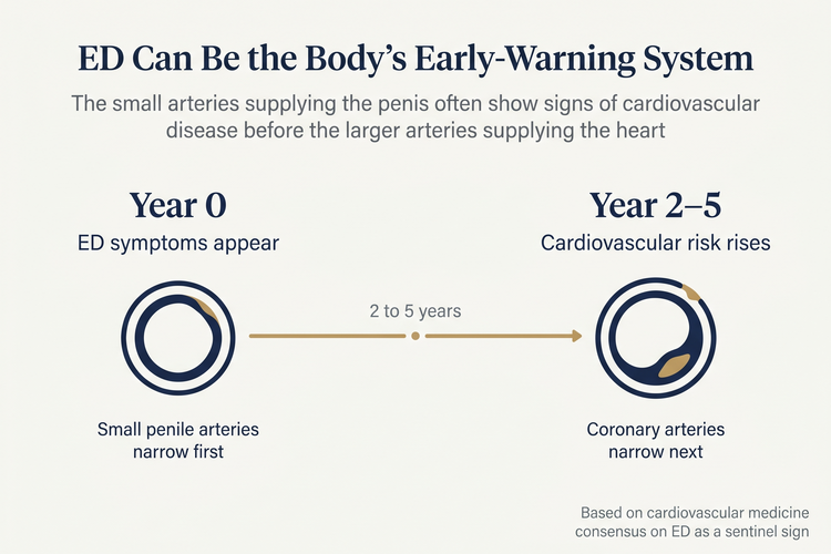 Timeline diagram showing how erectile dysfunction can appear 2 to 5 years before a cardiovascular event — the small penile arteries narrow first as an early warning sign, followed by narrowing of the coronary arteries supplying the heart