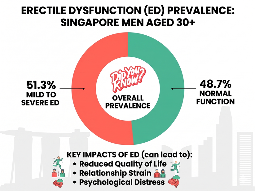 Chart showing 51.3% of Singapore men (30+) have mild-to-severe ED versus 48.7% normal function, and its negative impacts.