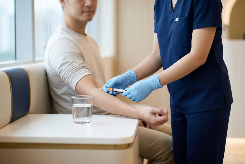 Nurse taking an early-morning fasting blood sample for a fasting insulin test in Singapore