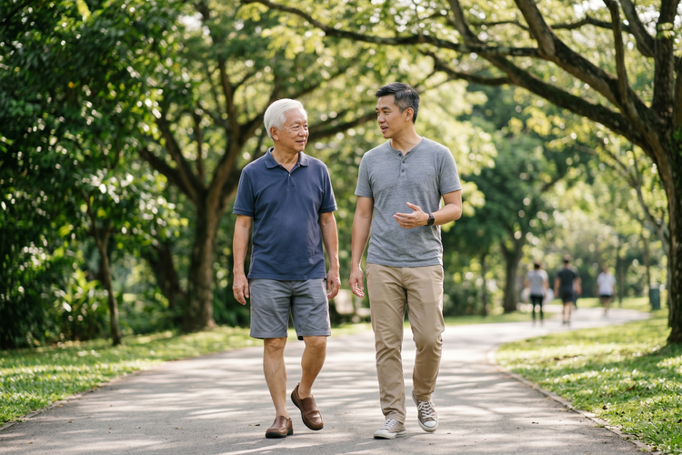 A Singaporean father and his adult son walking together on a quiet neighbourhood path in warm morning light — illustrating the multi-generational care that often prompts men to take charge of their health screening