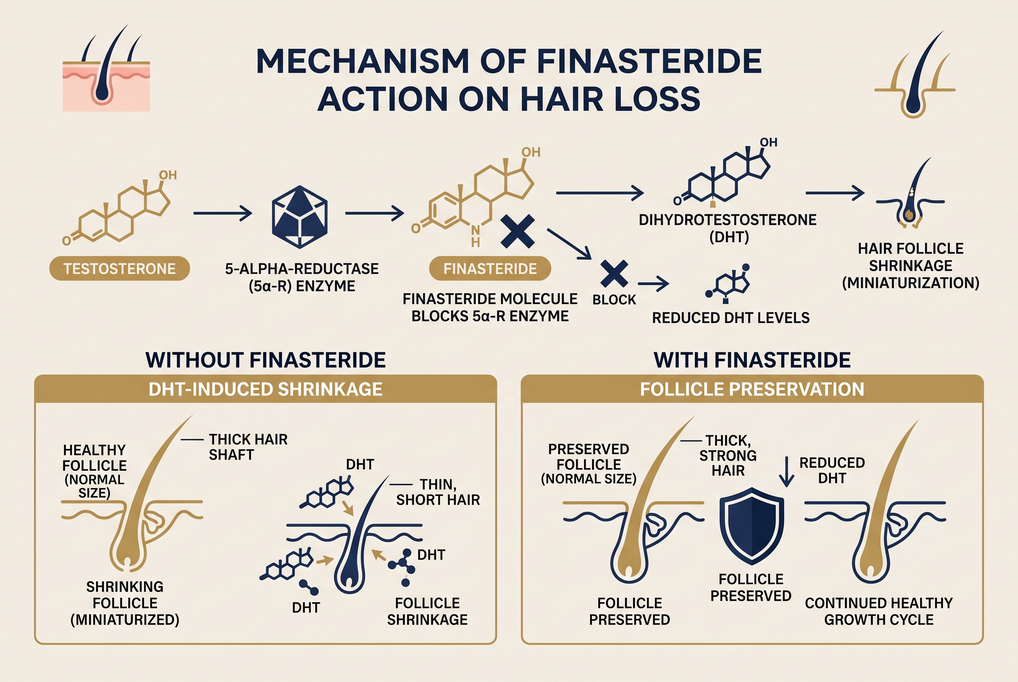 Diagram showing how finasteride blocks the 5-alpha-reductase enzyme from converting testosterone to DHT, preserving hair follicles