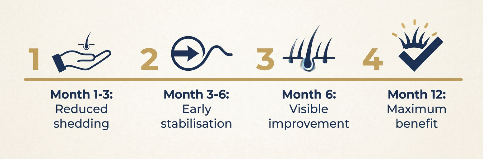 Timeline showing expected finasteride results: reduced shedding at months 1 to 3, early stabilisation at months 3 to 6, visible improvement at 6 months, and maximum benefit at 12 months