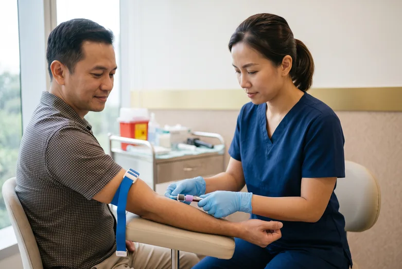 Nurse drawing a blood sample from a patient's arm for an HbA1c test at a Singapore clinic