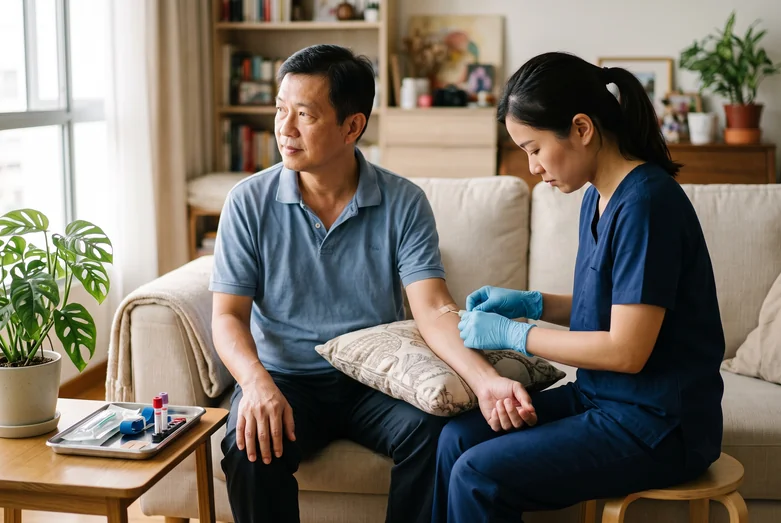 Nurse taking a blood sample from a seated man in his living room during a home health screening in Singapore