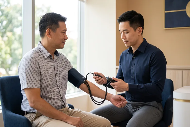 Doctor performing a cardiovascular health check and blood pressure measurement during an hs-CRP consultation in Singapore