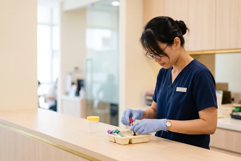 Clinic nurse preparing blood sample tubes and a urine specimen container for a kidney function test in Singapore