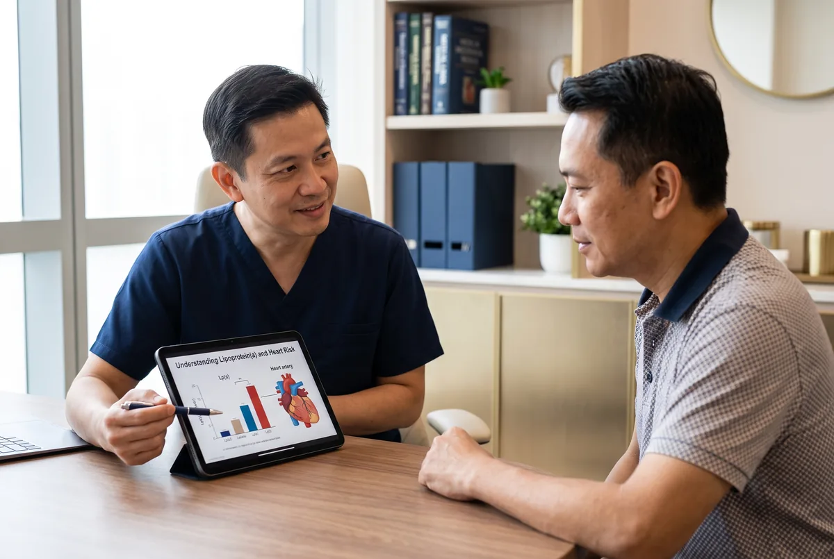 Doctor discussing cardiovascular and cholesterol risk with a patient during a lipoprotein(a) consultation in Singapore