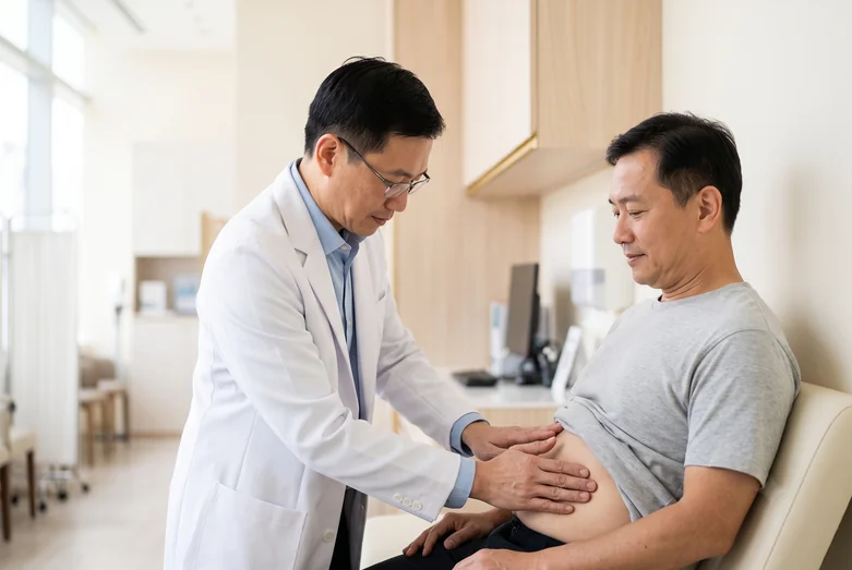 Doctor examining a male patient's abdomen during a liver assessment at a Singapore clinic