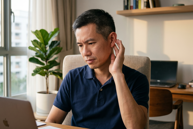 A man at home touching his ear with a thoughtful expression, suggesting muffled hearing or fullness — common signs of ear wax impaction that may need professional removal