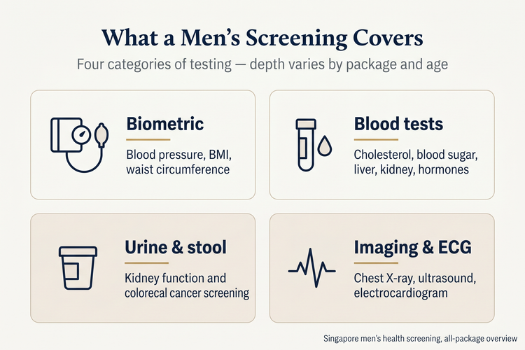 Infographic showing the four categories of tests in a men's health screening — biometric measurements (blood pressure, BMI, waist), blood tests (cholesterol, blood sugar, liver, kidney, hormones), urine and stool tests (kidney function, colorectal cancer screening), and imaging and ECG (chest X-ray, ultrasound, electrocardiogram)