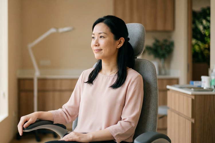 A relaxed female patient seated in a clinic examination chair after a successful ear wax removal procedure at a Singapore clinic