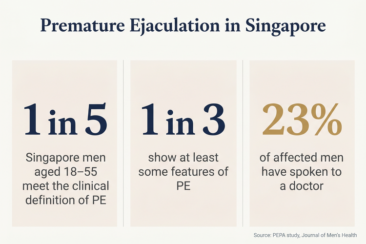 Chart showing Singapore PE prevalence — 1 in 5 men aged 18–55 meet the clinical definition of premature ejaculation, 1 in 3 show some features of it, yet only 23% of affected men have spoken to a doctor (PEPA study)