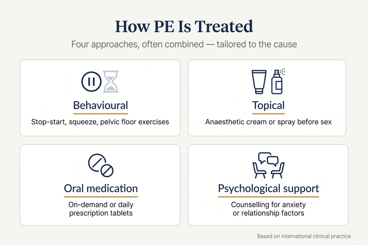 Infographic showing the four main approaches to treating premature ejaculation — behavioural techniques (stop-start, squeeze, pelvic floor), topical anaesthetic cream or spray, oral medication (on-demand or daily), and psychological support for anxiety or relationship factors