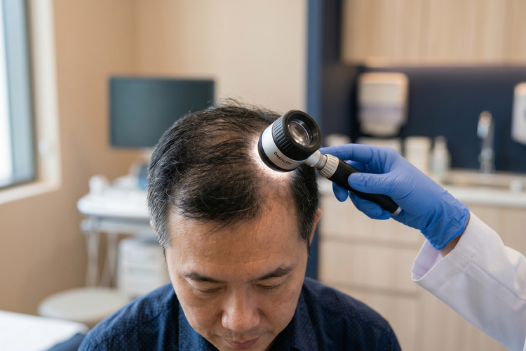 A doctor examining a male patient's scalp with a trichoscope to assess early signs of hair loss in Singapore
