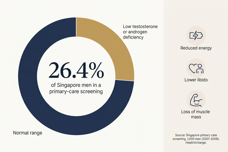 Chart showing 26.4% of Singapore men in a primary-care screening (2007–2009) had androgen deficiency or low testosterone, alongside common effects: reduced energy, lower libido and loss of muscle mass.