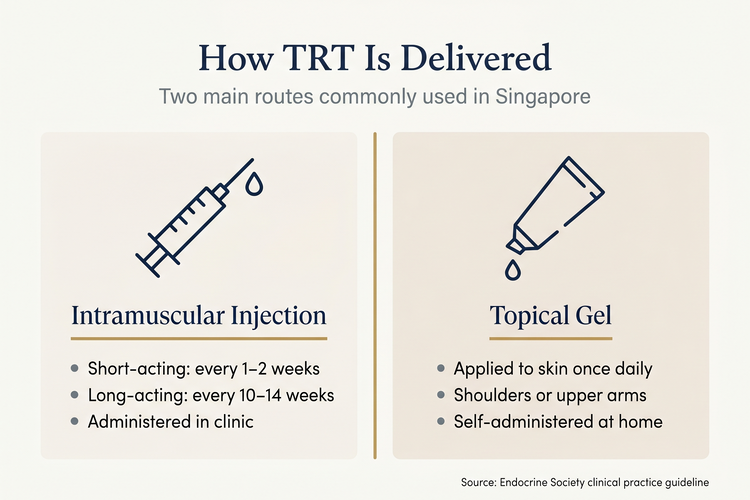 Infographic comparing the two main testosterone replacement therapy (TRT) delivery routes used in Singapore — intramuscular injections (short-acting every 1–2 weeks, long-acting every 10–14 weeks, administered in clinic) and topical gels (applied daily to the skin of the shoulders or upper arms, self-administered at home)