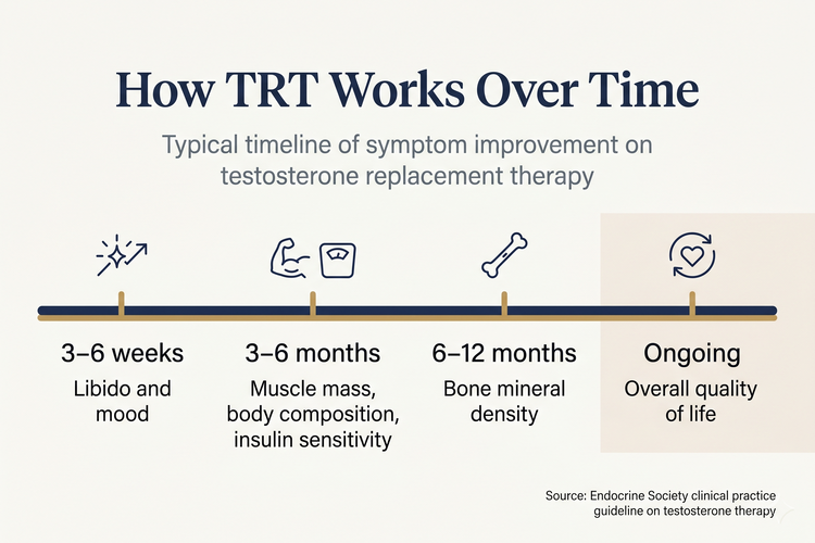 Timeline showing when different symptoms typically improve on testosterone replacement therapy — libido and mood within 3–6 weeks, muscle mass and body composition within 3–6 months, bone density over 6–12 months